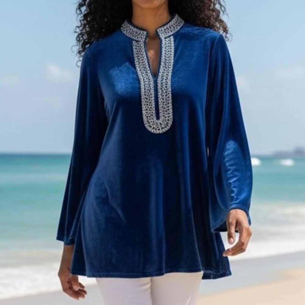 NicoBlu Womens Royal Blue Silk Blend Velvet Embellished Tunic Top Size M GemLuxe
